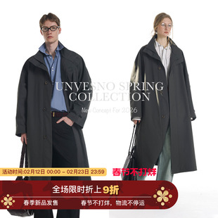 【极简直线结构】Unvesno(UN)墨灰老钱Row风廓形立领长款风衣夹克