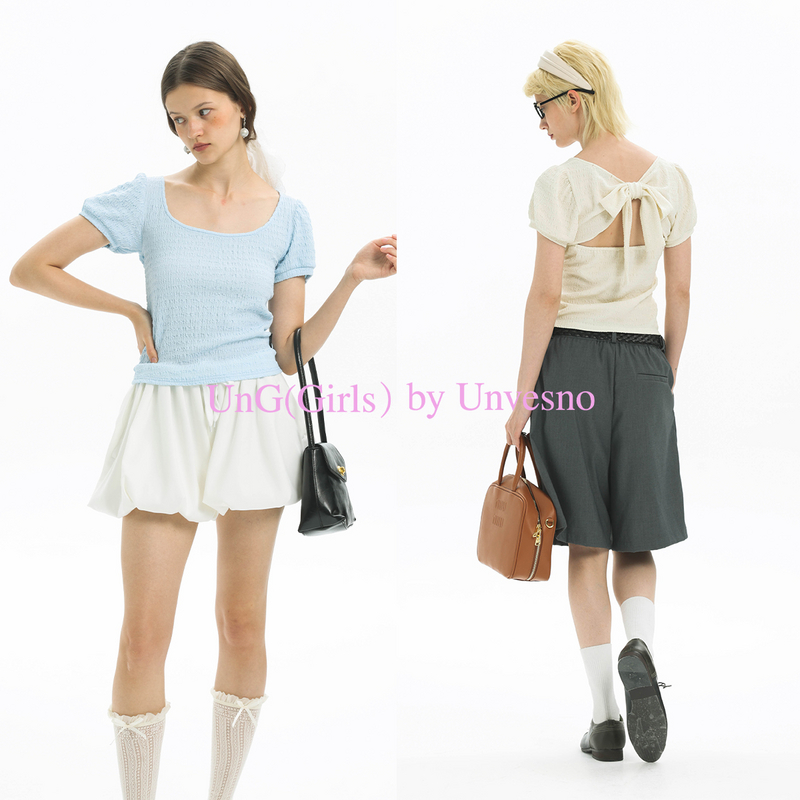 Unvesno(UN) 立体泡泡皱肌理蝴蝶结纽结微露锁骨女款T恤