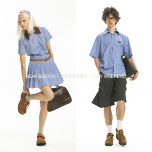 【可拆卸换领】Unvesno(UN) 学院感蓝色格子休闲衬衫及女款连衣裙
