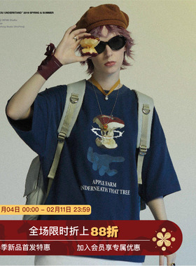 Unvesno (UN)  复古印花蓝色牌半袖体恤情侣装夏季宽松t恤短袖