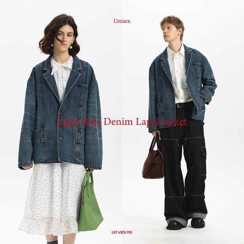 【重工洗水】Unvesno(UN)25春夏Denim主义复古猫须牛仔西装外套