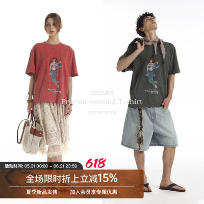 【洗褪磨破】Unvesno(UN)Vintage洗褪怀旧磨破叛逆美人鱼印花T恤