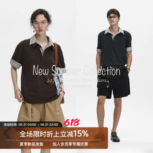Unvesno(UN)Softfit老钱风翻领假两件拼接色织口袋条纹短袖polo衫