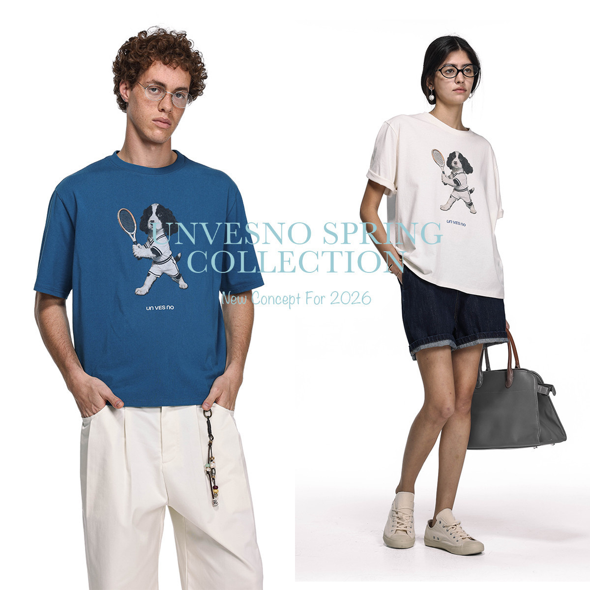 【纯棉】Unvesno(UN)&ldquo;Ace Pup 王牌史宾格活力网球犬趣味印花T恤