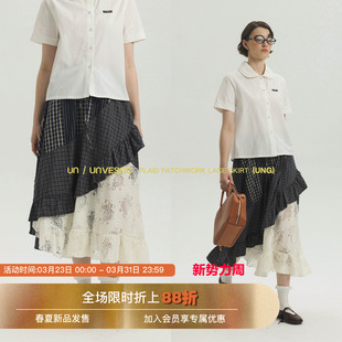 Unvesno vintage复古格纹不规则拼接蕾丝半身裙 西太后风