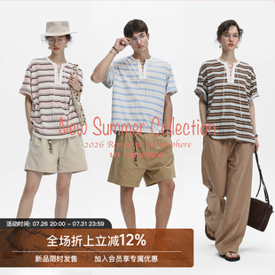 Unvesno(UN)Urban Resort都市度假休闲慵懒风条纹绑带亨利领T恤