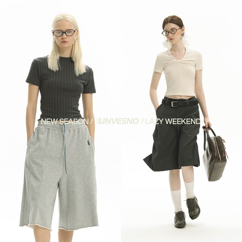 【多种穿法】Unvesno(UN) 扭结堆叠花纹坑条女款透气短袖上衣