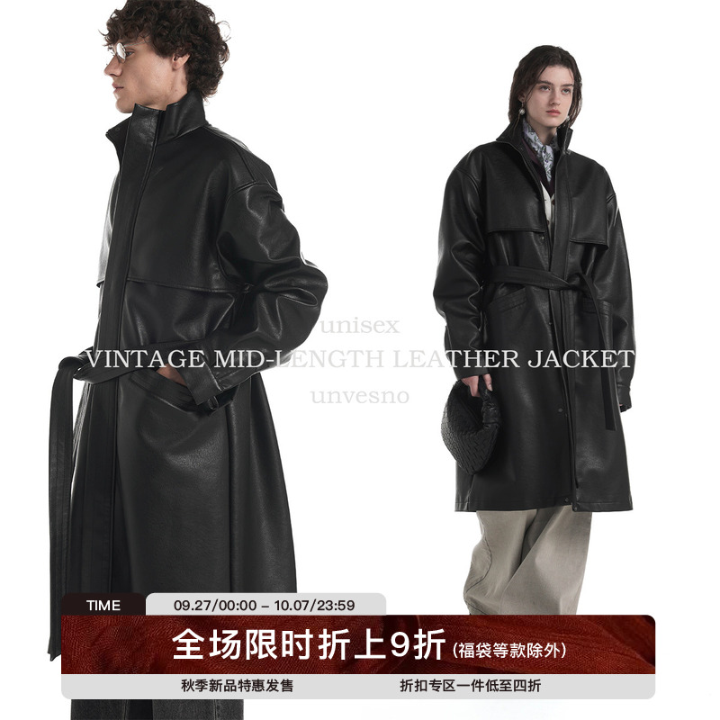 【配腰带】Unvesno(UN)查理战壕仿真皮古着翻领中长款皮革风衣