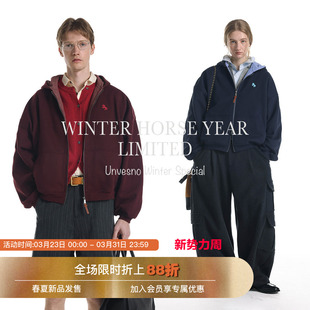 【加绒】Unvesno(UN)“马年限定”格纹撞色连帽马标刺绣卫衣开衫