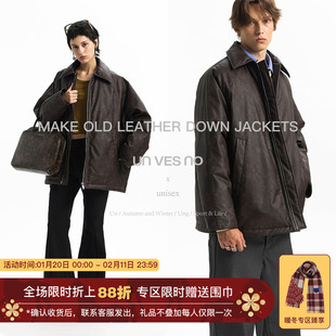 【90白鸭绒】Unvesno(UN)  Row风做旧檫色皮革廓形羽绒服外套保暖