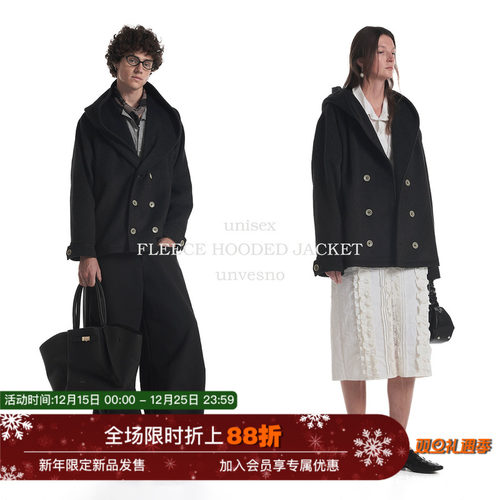 【50%羊毛】Unvesno(UN)Row风老钱保暖极简连帽廓形毛呢大衣外套