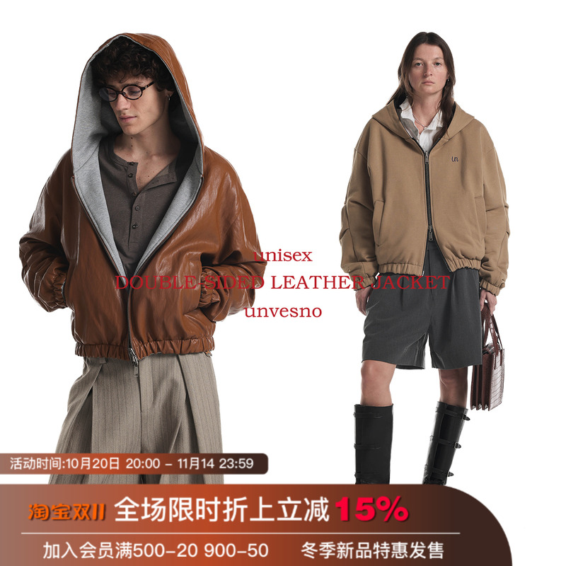 【双面穿】Unvesno(UN)Row风进口保暖仿真皮卫衣连帽皮衣外套夹克