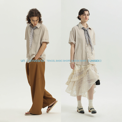 【可拆卸丝巾】Unvesno(UN)老钱98%天丝折袖复古宽松短袖衬衫