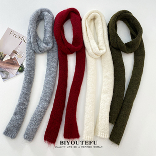 韩式针织微卷边马海毛护颈细围巾穿搭时髦腊肠长条款百搭围脖细窄