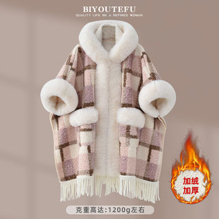 格子斗篷外套女秋冬厚款加绒宽松流苏披肩配旗袍中长款毛呢大衣女