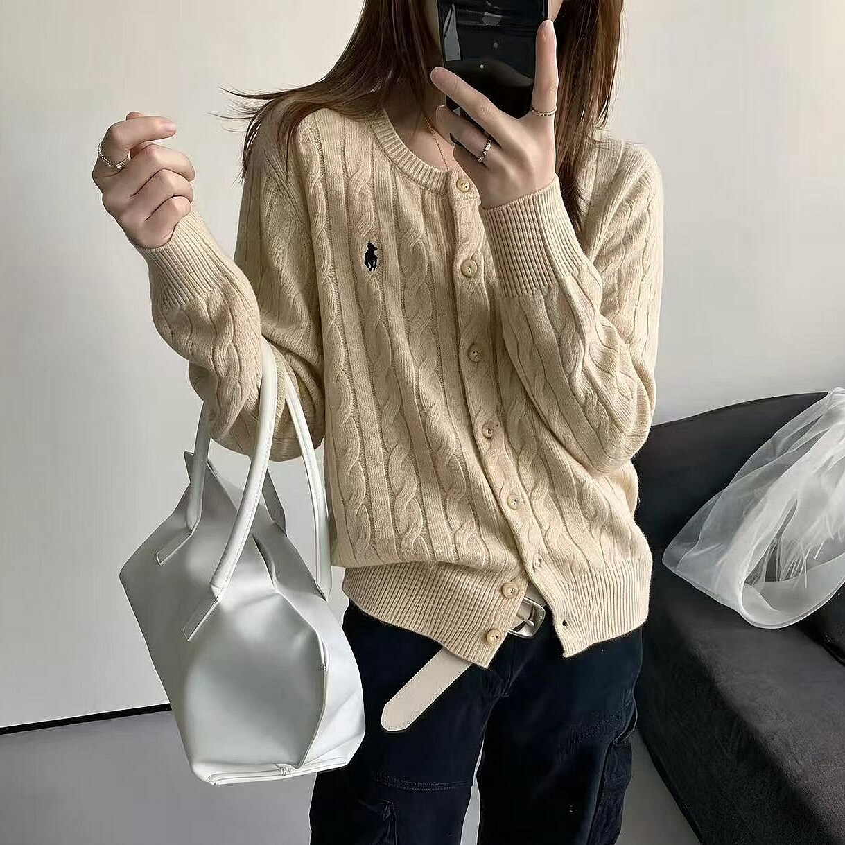 纯色刺绣羊毛麻花针织开衫女宽松秋冬韩系显瘦毛衣百搭上衣外套潮