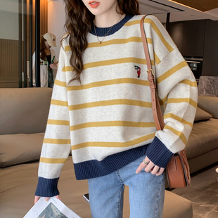刺绣条纹拼色毛衣女宽松2026秋冬新款韩版慵懒风打底针织衫上衣潮