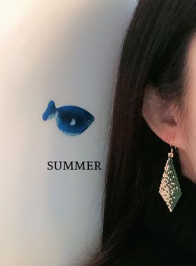 SUMMER手作 秋冬不对称米珠串珠手气质ab款几何绿色耳环耳夹耳饰
