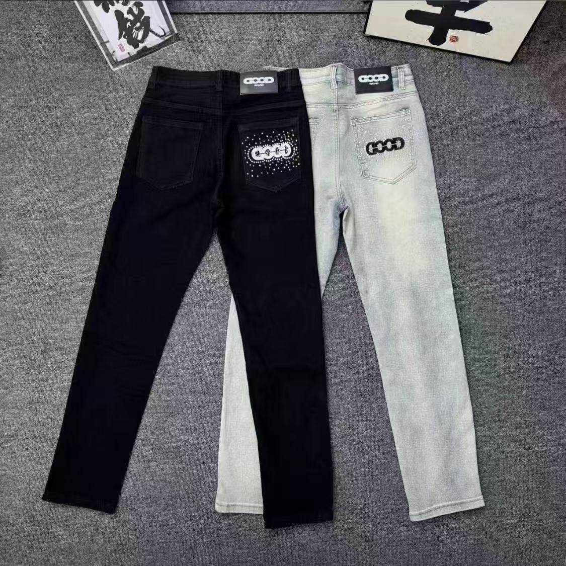 网红爆款字母Good潮牌刺绣烫钻牛仔裤修身时尚百搭帅气直筒小脚裤