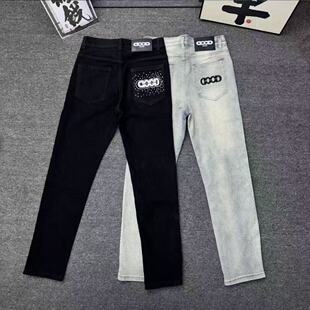 百搭帅气直筒小脚裤 网红爆款 时尚 修身 字母Good潮牌刺绣烫钻牛仔裤
