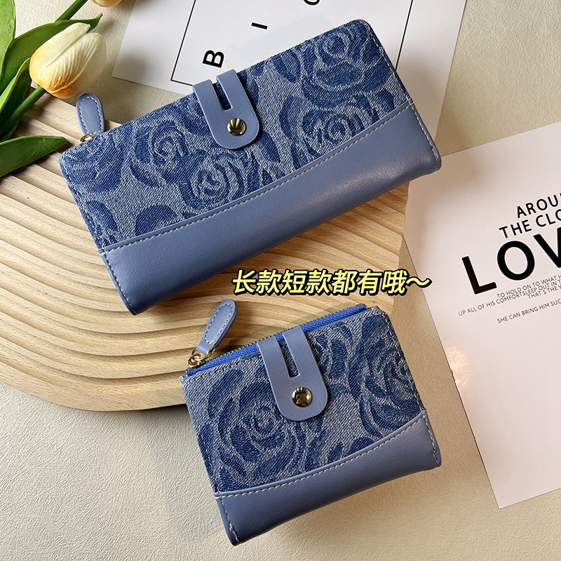 牛仔花纹韩系ins款小钱包女短款