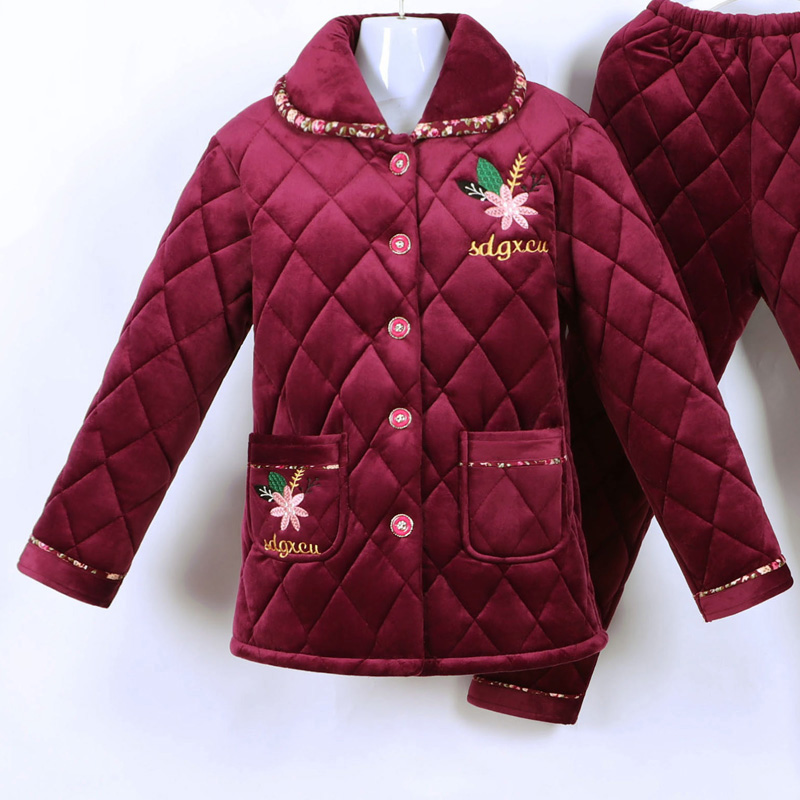 冬季睡衣女珊瑚绒三层夹棉大码加绒保暖棉袄中老年妈妈家居服套装