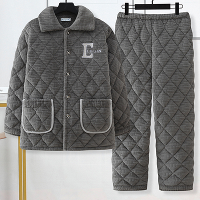 冬季男士三层夹棉加厚爸爸睡衣