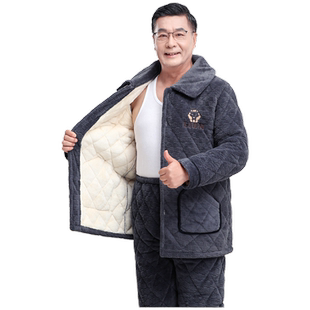 睡衣男冬加厚加绒珊瑚绒三层保暖棉衣法兰绒夹棉家居服套装秋冬季