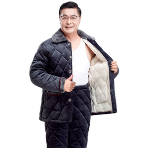 睡衣男士秋冬季中老年三层加绒加厚棉袄保暖珊瑚绒爸爸家居服套装