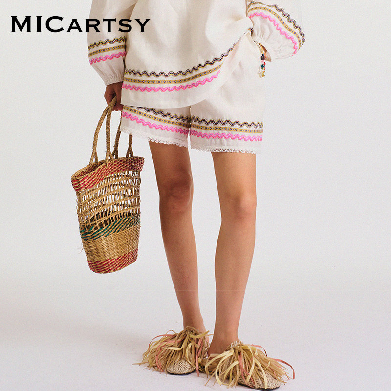 MICartsy王紫珊2024春夏新款手工镶织带短裤女休闲百搭小众