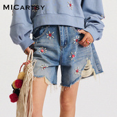 MICartsy王紫珊春夏新款 女休闲百搭原创 太阳菊钉珠牛仔短裤