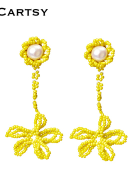 MICartsy王紫珊秋冬新款荧光黄编织花朵耳环长款RG015AC
