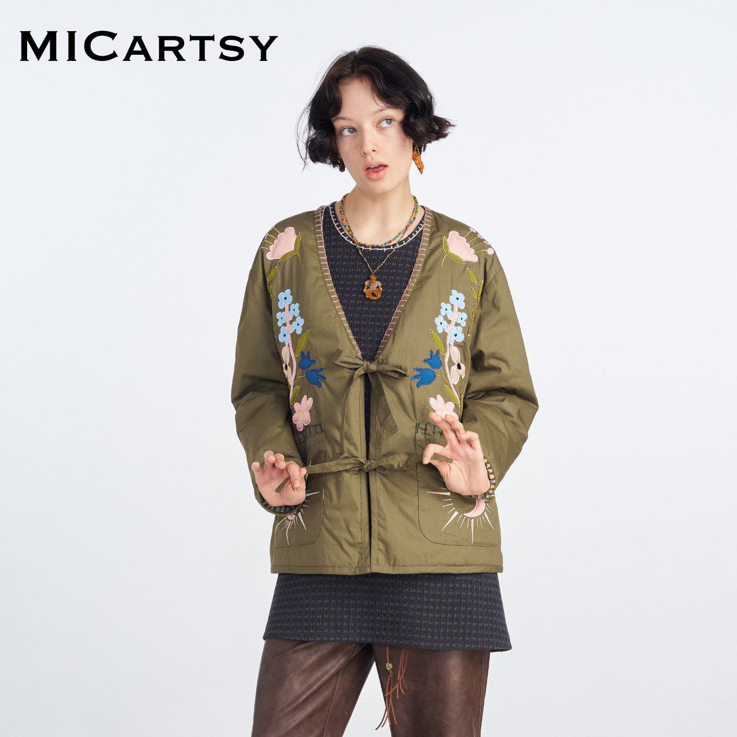 MICartsy王紫珊25秋冬新款绿色夹棉贴布绣绑带外套