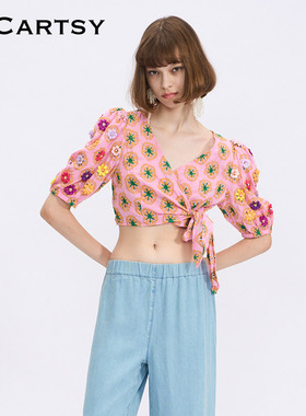 MICartsy王紫珊春夏新款钉珠花朵上衣衬衫女V领BRBR096