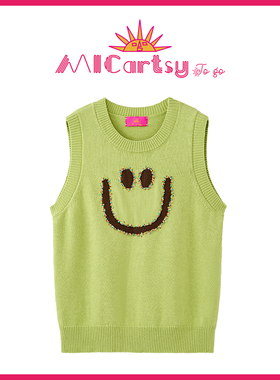 MICartsy王紫珊配饰车to go系列新款手工钉珠笑脸绿色针织背心女