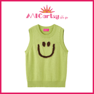 MICartsy王紫珊配饰车to 手工钉珠笑脸绿色针织背心女 go系列新款