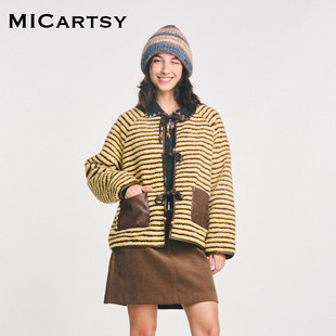 MICartsy王紫珊配饰车togo系列秋冬新款黄色条纹仿羊羔毛短外套女