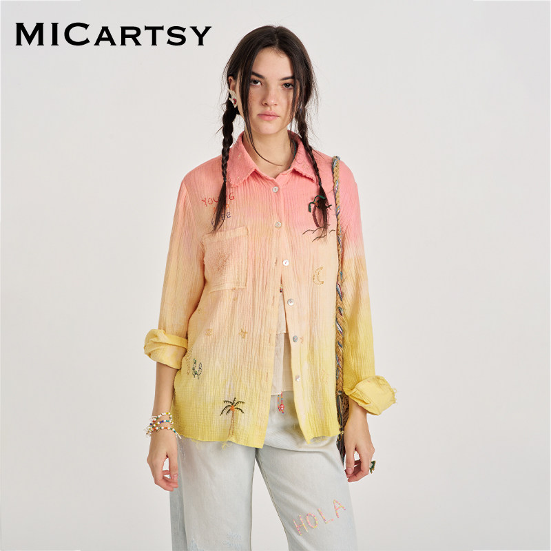 MICartsy王紫珊2025春夏新款橘黄粉色扎染渐变手工刺绣衬衫