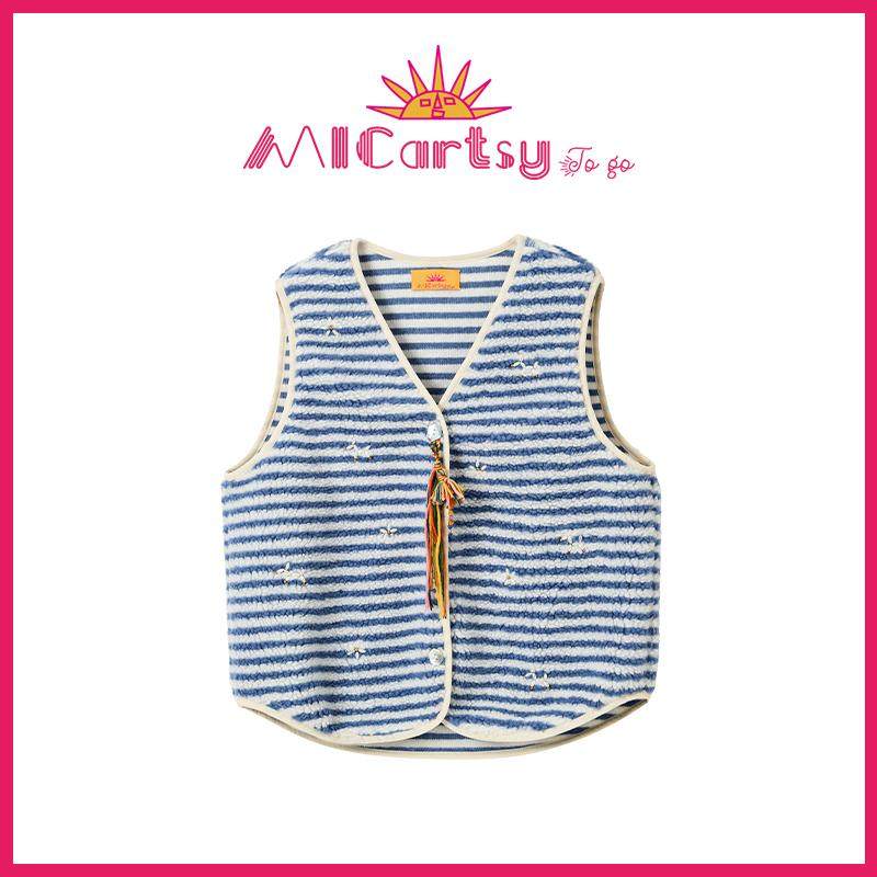 MICartsy蓝条纹羊羔绒钉珠马甲