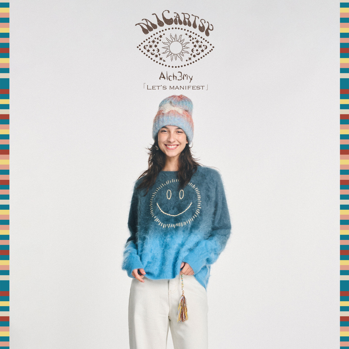 MICartsy2025秋冬节日系列渐变蓝色手工刺绣笑脸套头毛衣针织衫女