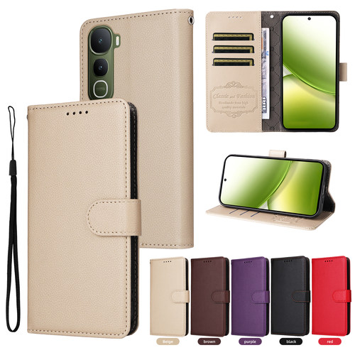 适用于VIVO Y400 5G 国外版经典荔枝纹皮套手机壳翻盖式插卡防摔保护套商务男女壳素皮