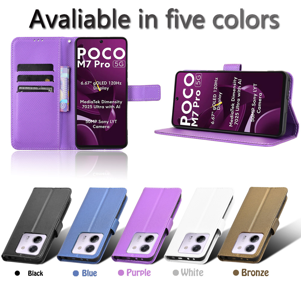 适用于小米Poco M7 Pro 5G钻石纹皮套手机壳插卡防摔保护套商务男女外壳翻盖式