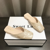 刺绣布面方头穆勒半拖鞋 复古低跟包头拖女外穿2026春夏新款 新中式