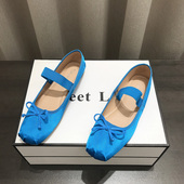 方头浅口玛丽珍单鞋 女蓝色2026春秋软底瓢鞋 缎面芭蕾舞平底鞋 法式