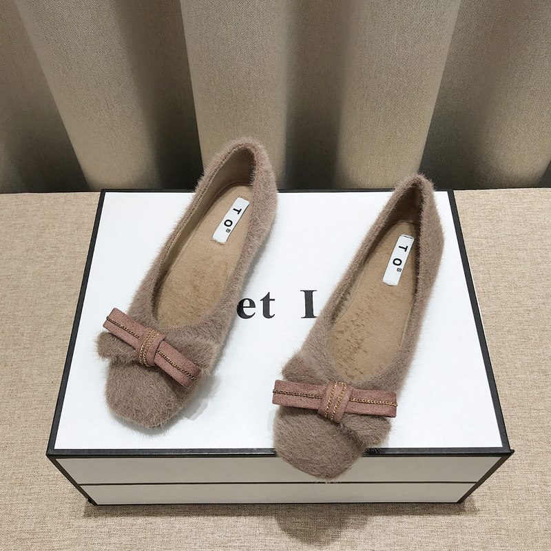 水貂毛加绒豆豆鞋2024秋冬季新款百搭平底毛毛鞋女外穿大码棉单鞋,女鞋,浅口单鞋,淘宝优惠券,粉丝福利购,淘宝优惠卷