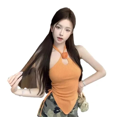 针织短款修身背心吊带外穿上衣女夏季挂脖辣妹不规则露背立体花朵
