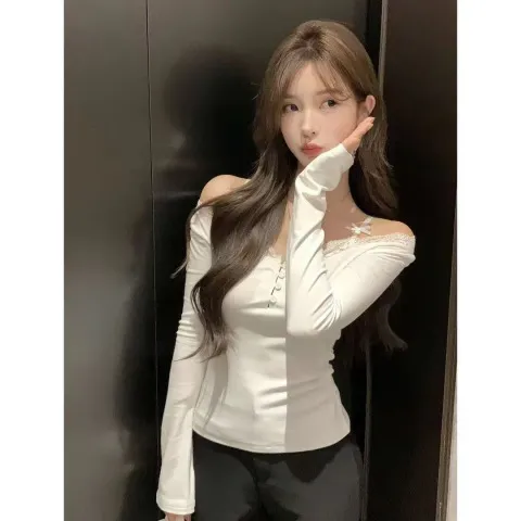 欲蕾丝花边风上衣T恤假两件性感长袖百搭显瘦秋季辣妹纯修身时尚