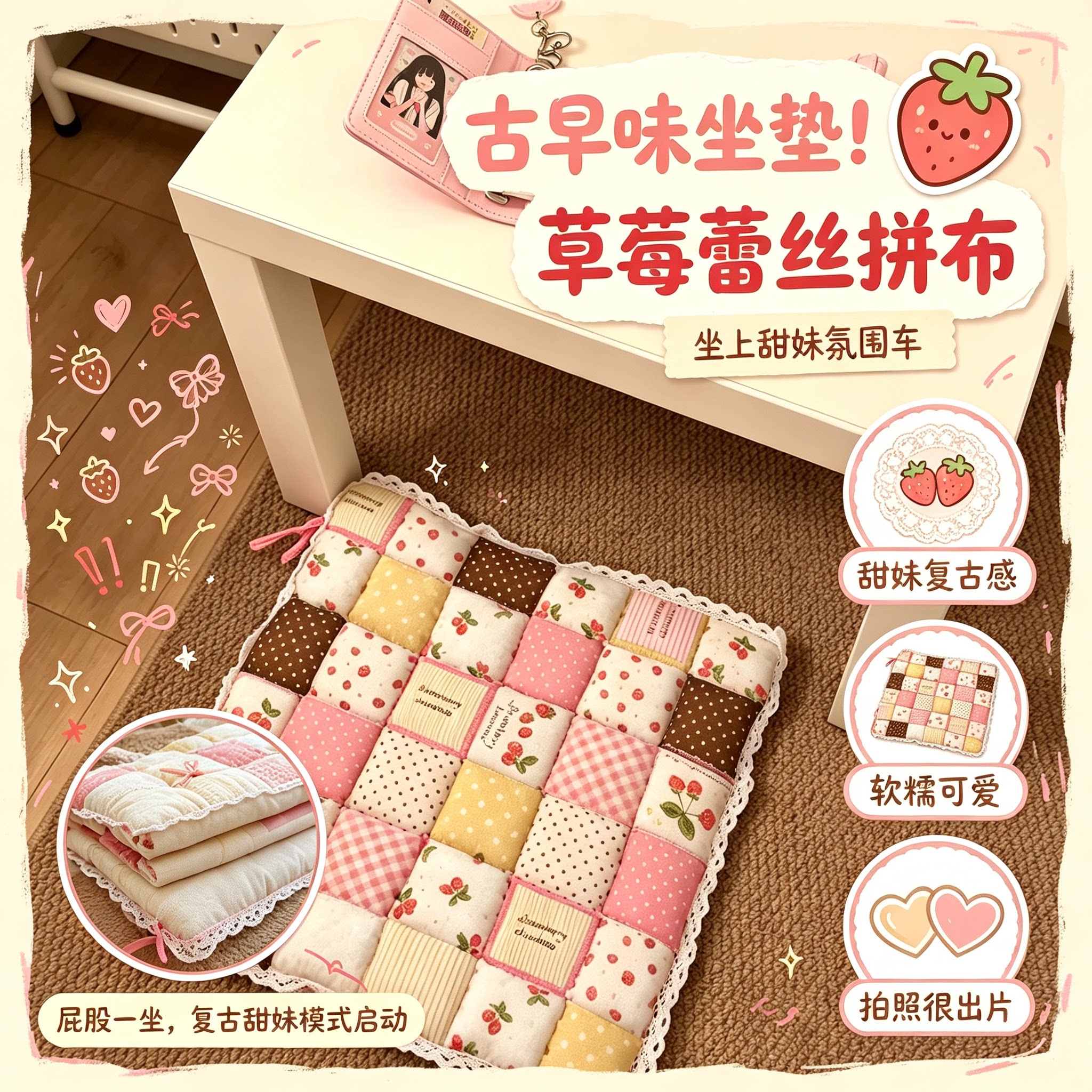 古早风坐垫！少女心草莓蕾丝拼布风格椅垫碎花田园风馒头垫泡泡垫