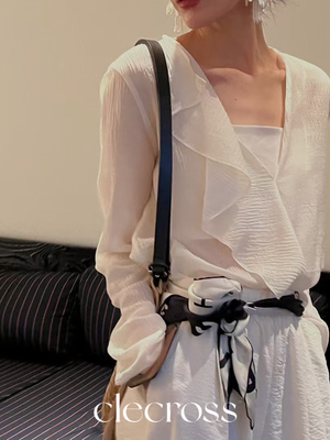 【凉风月白】浪漫荷叶 波浪机理 清透35真丝65羊毛 雅致小衫