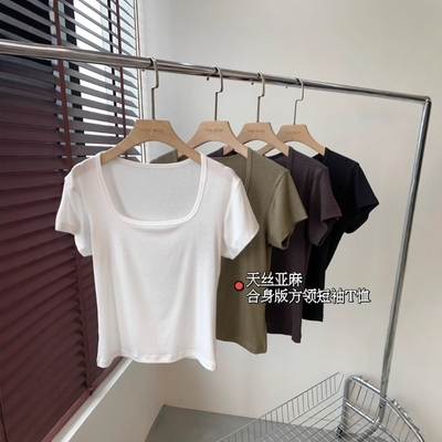 THEWOW 天丝亚麻 清凉舒爽透气褶皱纹理微宽松方领纯色短袖T恤
